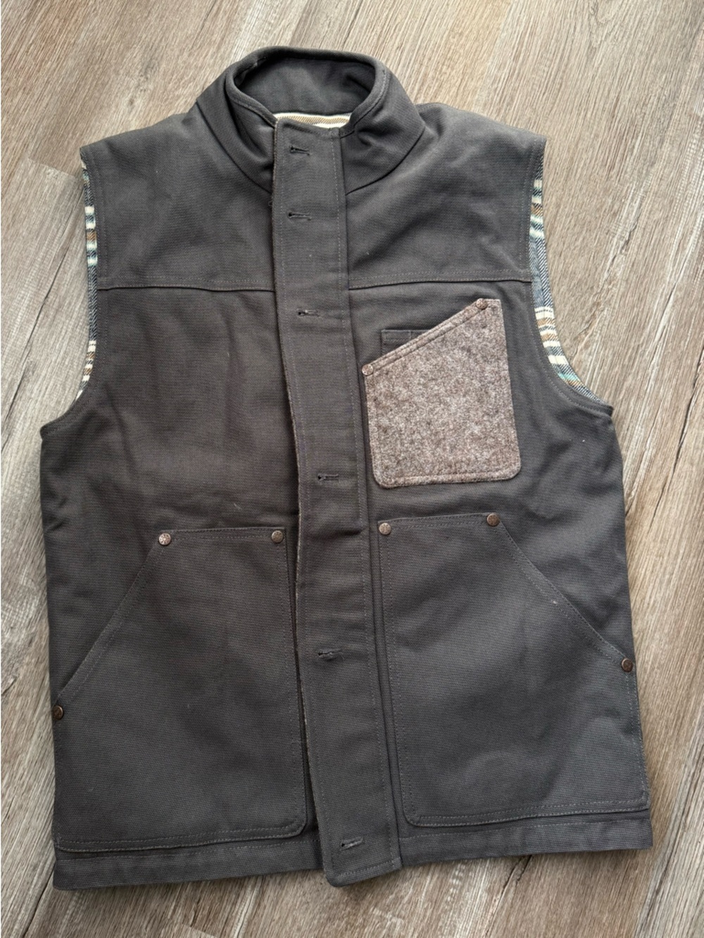 United By Blue Bison Utility Vest Organic Cotton Gray Flannel Lined Vest Size S